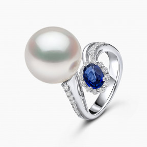 Ophelia 18K Gold South Sea Pearl Sapphire Diamond Halo Ring