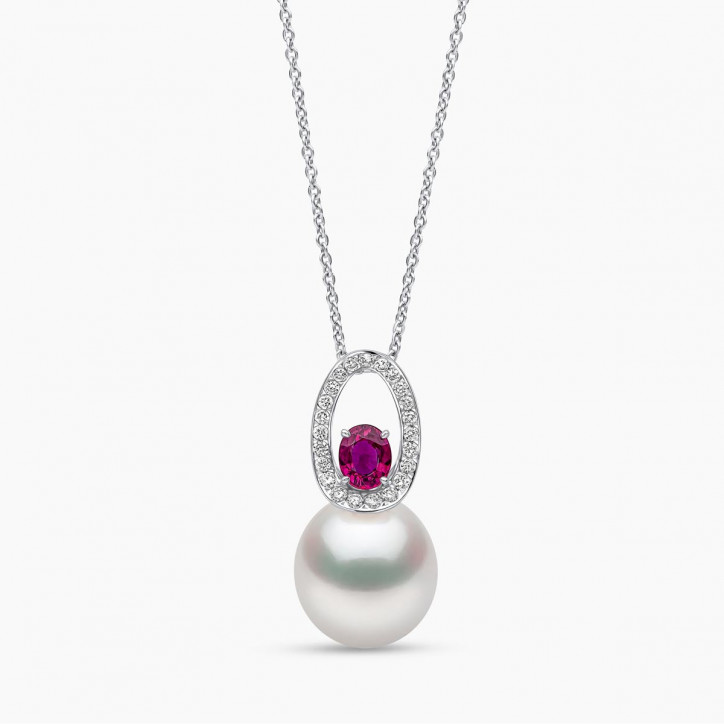 Ophelia 18K Gold South Sea Pearl Oval Cut Ruby Diamond Pendant