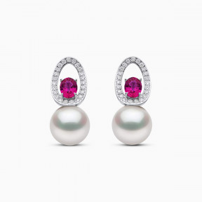 Ophelia 18K Gold South Sea Pearl Oval Cut Ruby Diamond Earrings