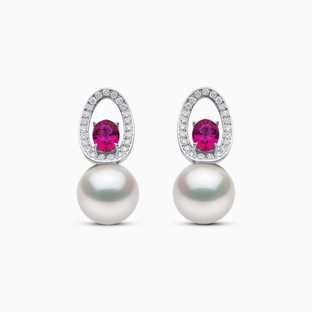 Ophelia 18K Gold South Sea Pearl Oval Cut Ruby Diamond Earrings