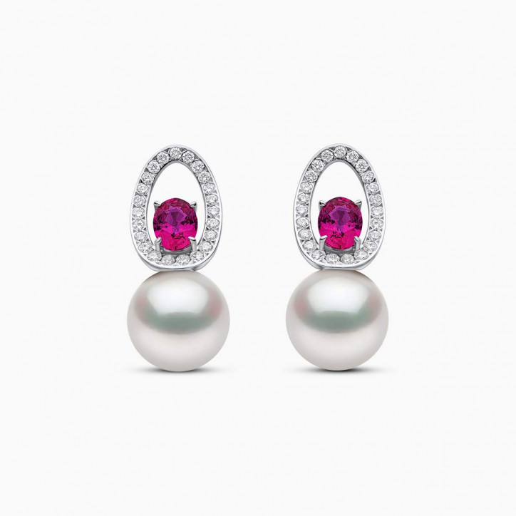 Ophelia 18K Gold South Sea Pearl Oval Cut Ruby Diamond Earrings