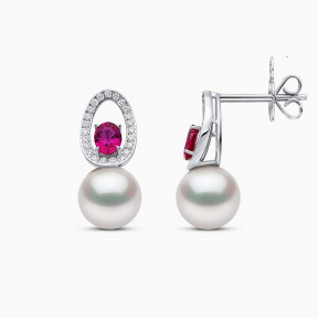 Ophelia 18K Gold South Sea Pearl Oval Cut Ruby Diamond Earrings