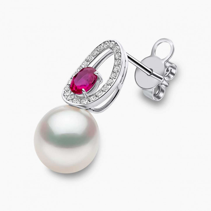 Ophelia 18K Gold South Sea Pearl Oval Cut Ruby Diamond Earrings