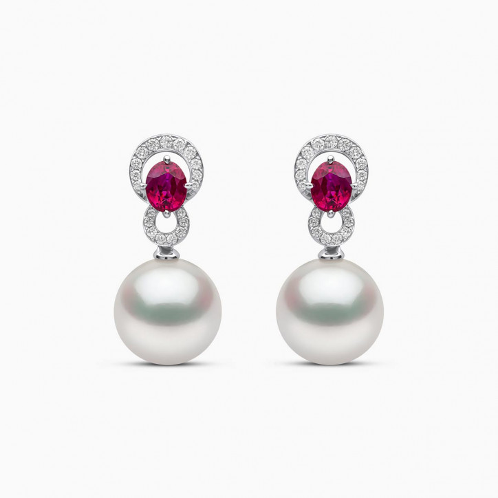 Ophelia 18K Gold South Sea Pearl Oval Ruby Diamond Drop Earrings