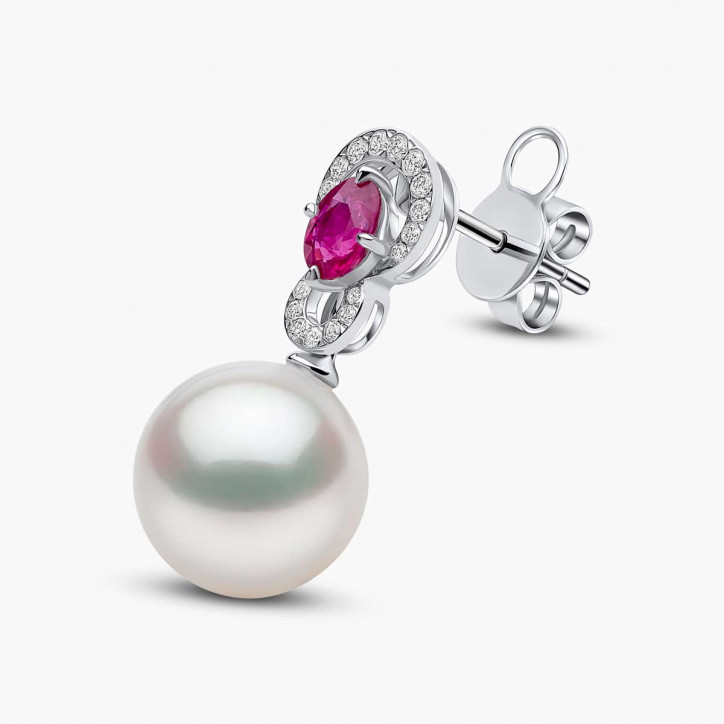 Ophelia 18K Gold South Sea Pearl Oval Ruby Diamond Drop Earrings