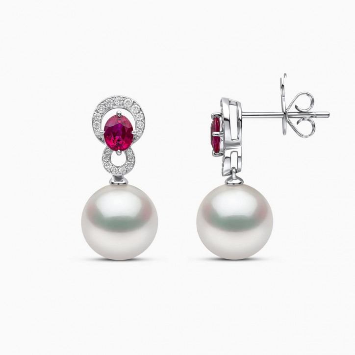 Ophelia 18K Gold South Sea Pearl Oval Ruby Diamond Drop Earrings