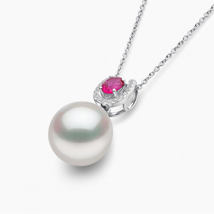 Ophelia 18K Gold South Sea Pearl Oval Ruby Diamond Drop Pendant