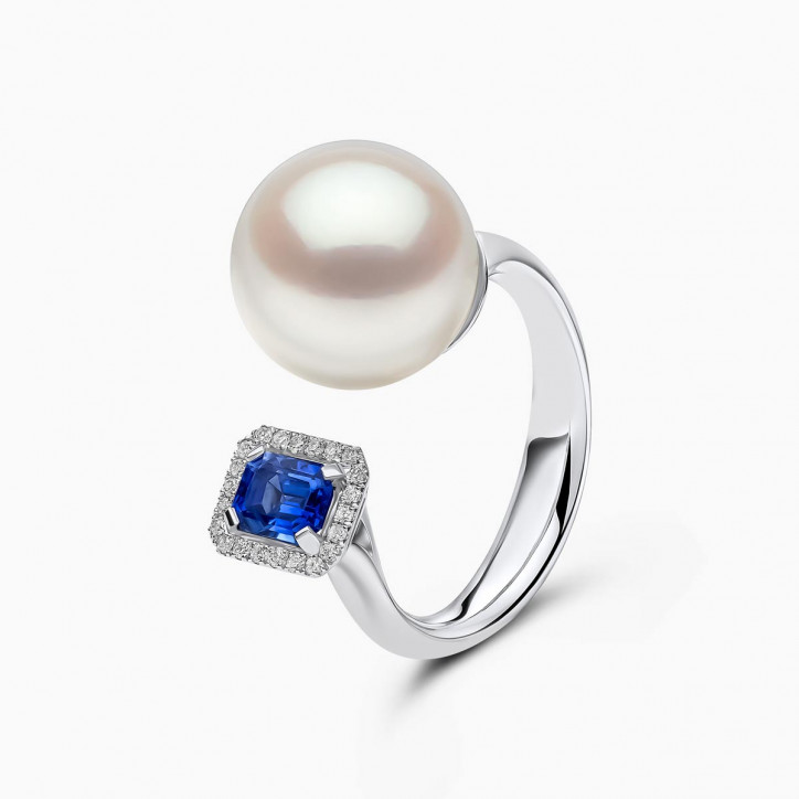 Ophelia 18K Gold South Sea Pearl Brilliant Cut Sapphire Diamond Ring