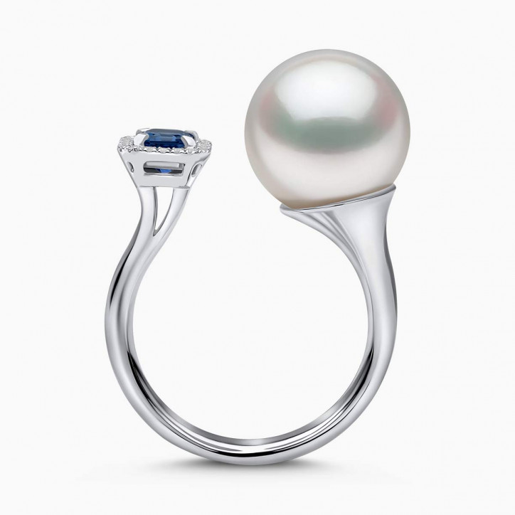 Ophelia 18K Gold South Sea Pearl Brilliant Cut Sapphire Diamond Ring