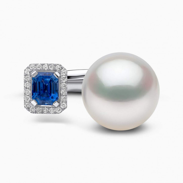 Ophelia 18K Gold South Sea Pearl Brilliant Cut Sapphire Diamond Ring