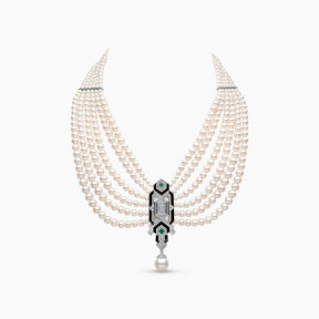 Cleopatra 18K Gold Freshwater Pearl Diamond and Emerald Necklace