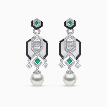 Cleopatra 18K Gold South Sea Pearl Diamond and Emerald Earrings