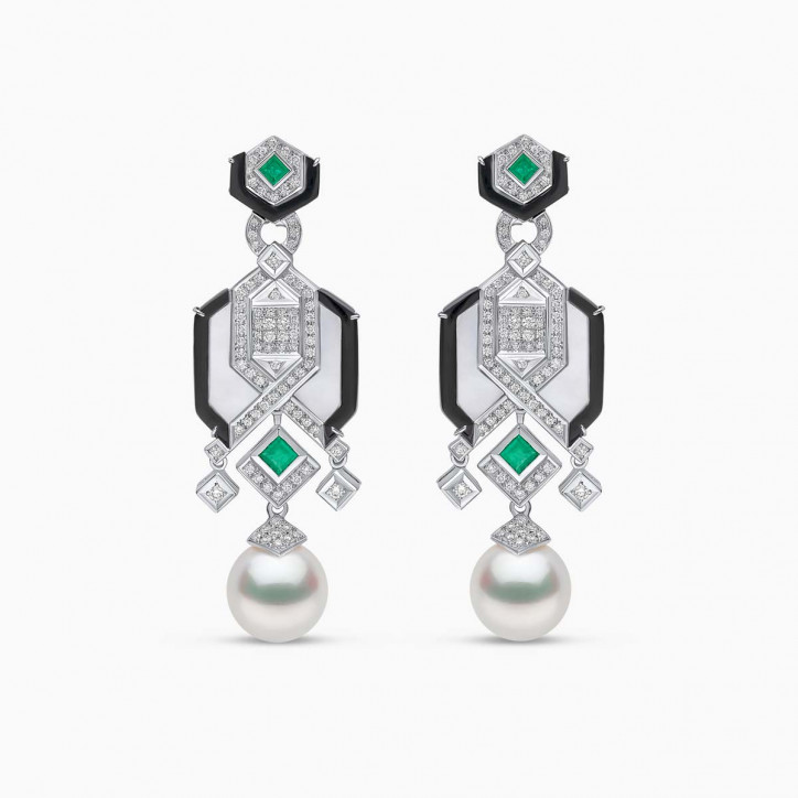 Cleopatra 18K Gold South Sea Pearl Diamond and Emerald Earrings