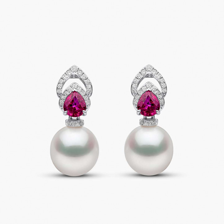 Ophelia 18K Gold South Sea Pearl Ruby Diamond Drop Earrings