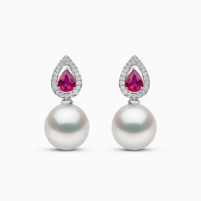 Ophelia 18K Gold Pearl Ruby and Pear Cut Diamond Earrings