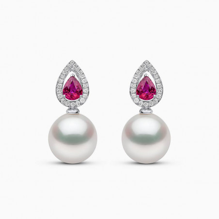 Ophelia 18K Gold Pearl Ruby and Pear Cut Diamond Earrings