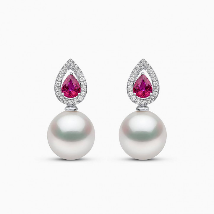 Ophelia 18K Gold Pearl Ruby and Pear Cut Diamond Earrings