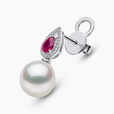 Ophelia 18K Gold Pearl Ruby and Pear Cut Diamond Earrings