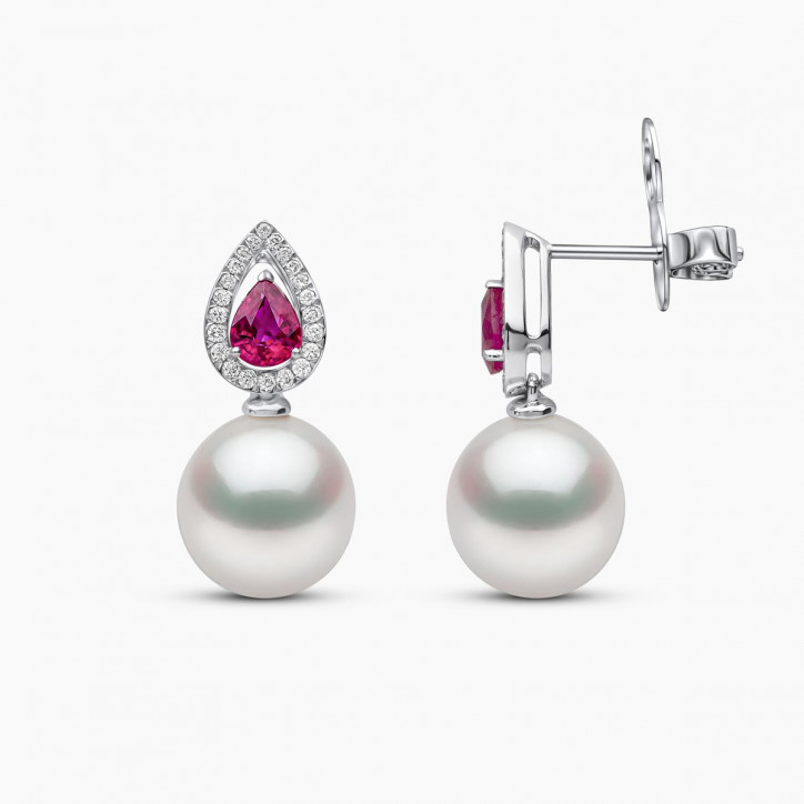 Ophelia 18K Gold Pearl Ruby and Pear Cut Diamond Earrings