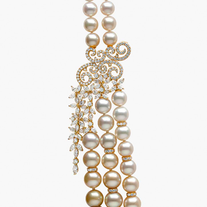 Ombré 18K Gold South Sea Mix Pearl and Diamond Triple Row Necklace