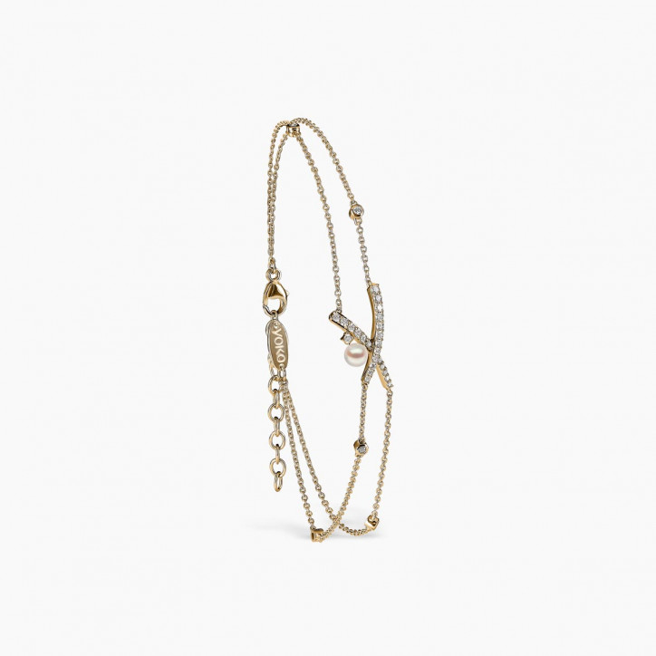 Sleek 18K Gold Pearl and Diamond Cross Chain Bracelet