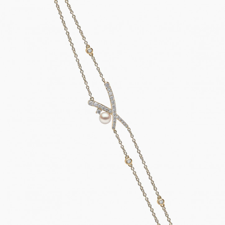 Sleek 18K Gold Pearl and Diamond Cross Chain Bracelet