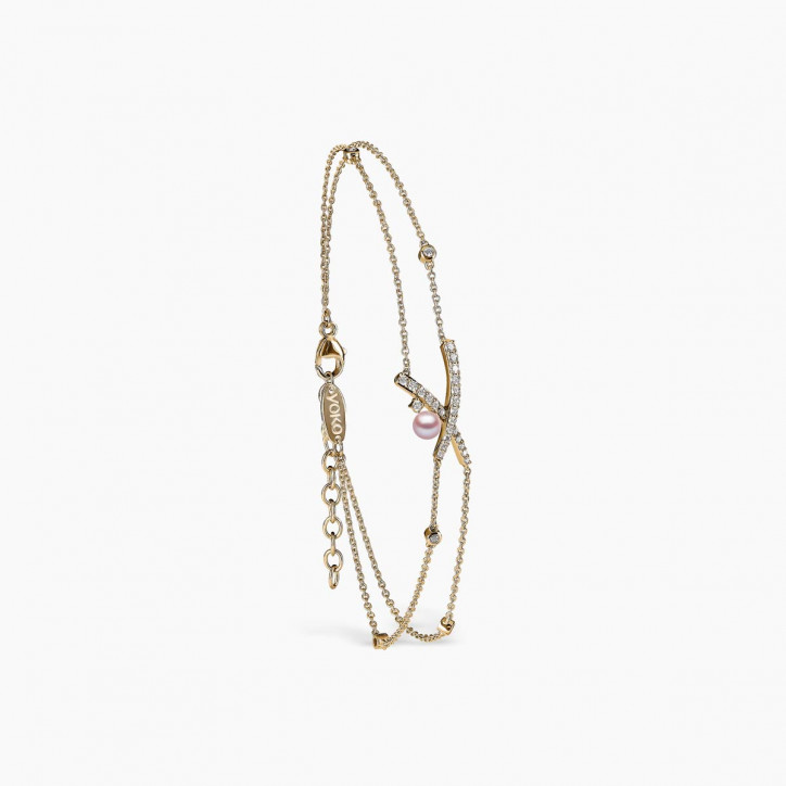 Sleek 18K Gold Pearl and Diamond Cross Chain Bracelet