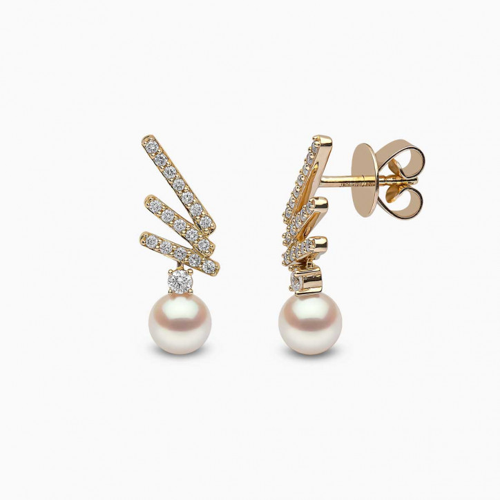 Sleek 18K Gold Akoya Pearl and Diamond Motif Stud Earrings