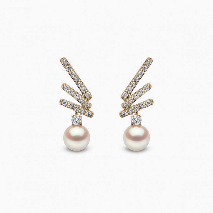 Sleek 18K Gold Akoya Pearl and Diamond Motif Stud Earrings