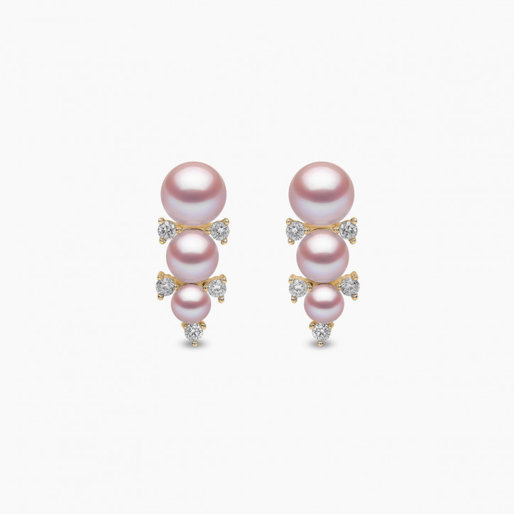 Sleek 18K Gold Triple Pearl and Diamond Stud Earrings