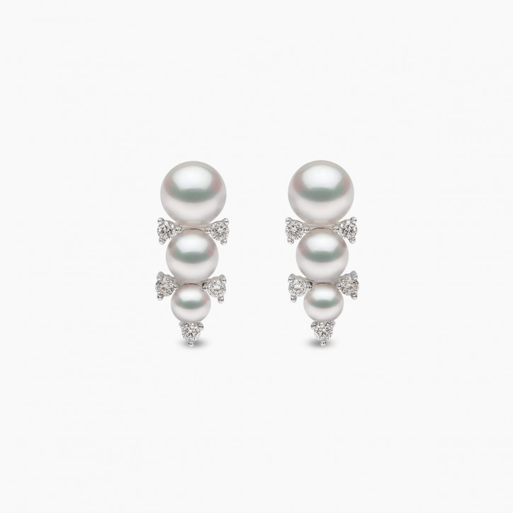 Sleek 18K Gold Triple Pearl and Diamond Stud Earrings