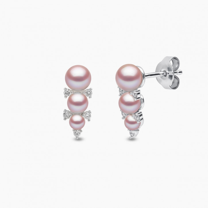 Sleek 18K Gold Triple Pearl and Diamond Stud Earrings