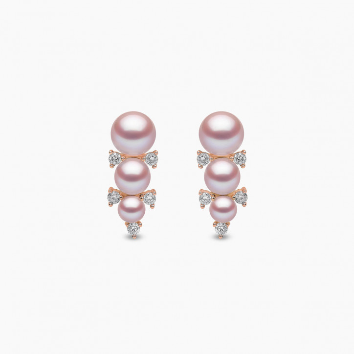 Sleek 18K Gold Triple Pearl and Diamond Stud Earrings