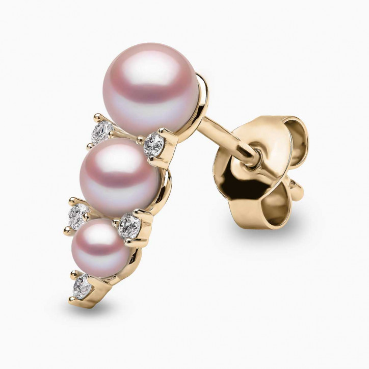 Sleek 18K Gold Triple Pearl and Diamond Stud Earrings