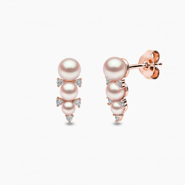 Sleek 18K Gold Triple Pearl and Diamond Stud Earrings