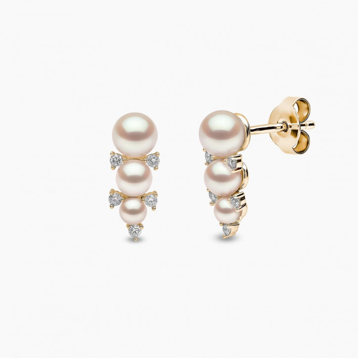 Sleek 18K Gold Triple Pearl and Diamond Stud Earrings