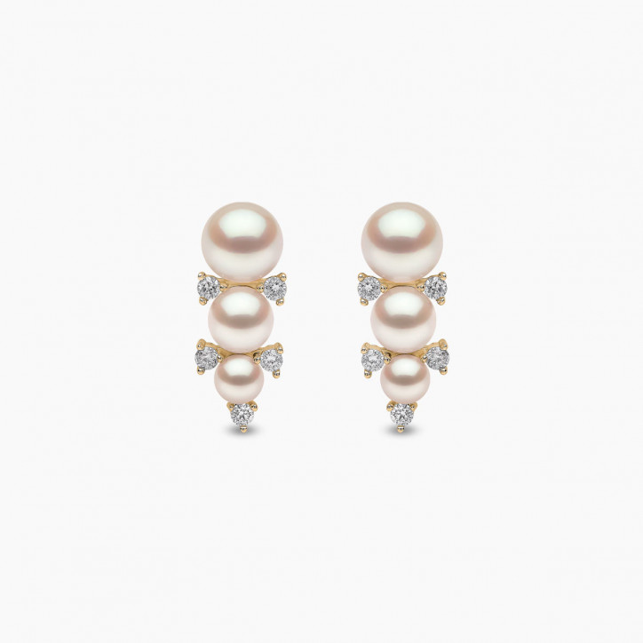 Sleek 18K Gold Triple Pearl and Diamond Stud Earrings