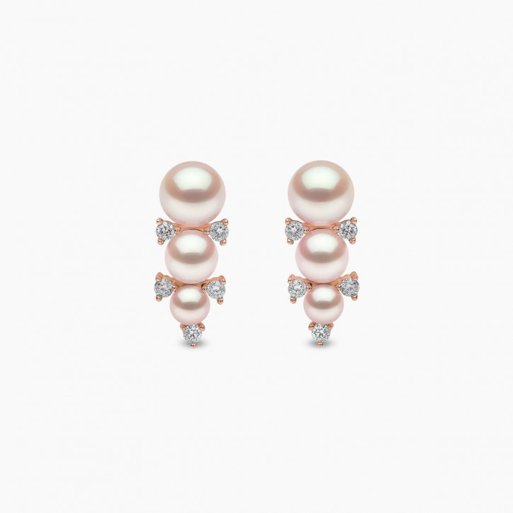 Sleek 18K Gold Triple Pearl and Diamond Stud Earrings