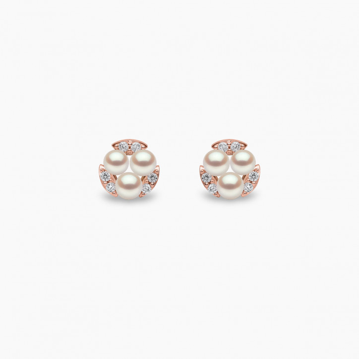 Sleek 18K Gold Triple Pearl and Diamond Stud Earrings