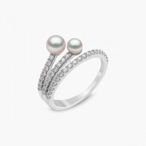 Sleek 18K Gold Double Pearl and Diamond Motif Ring