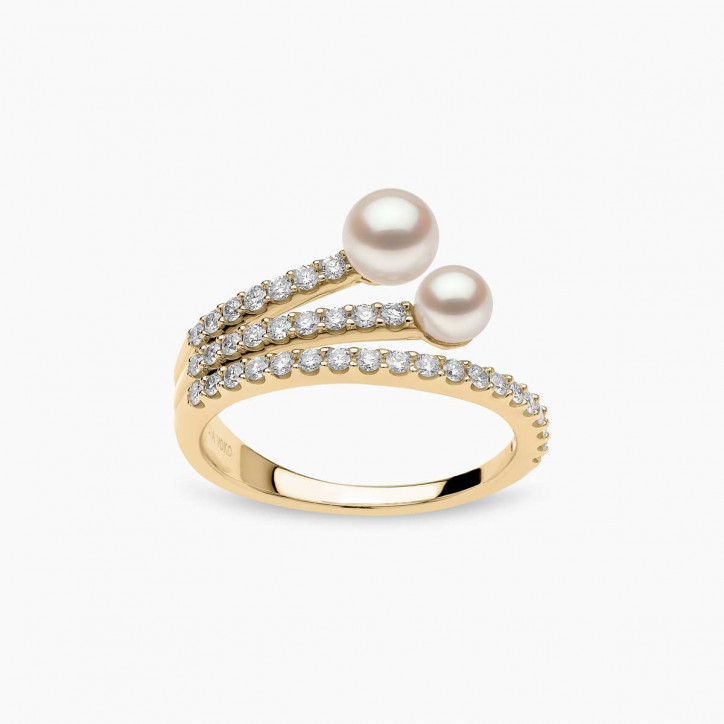 Sleek 18K Gold Double Pearl and Diamond Motif Ring