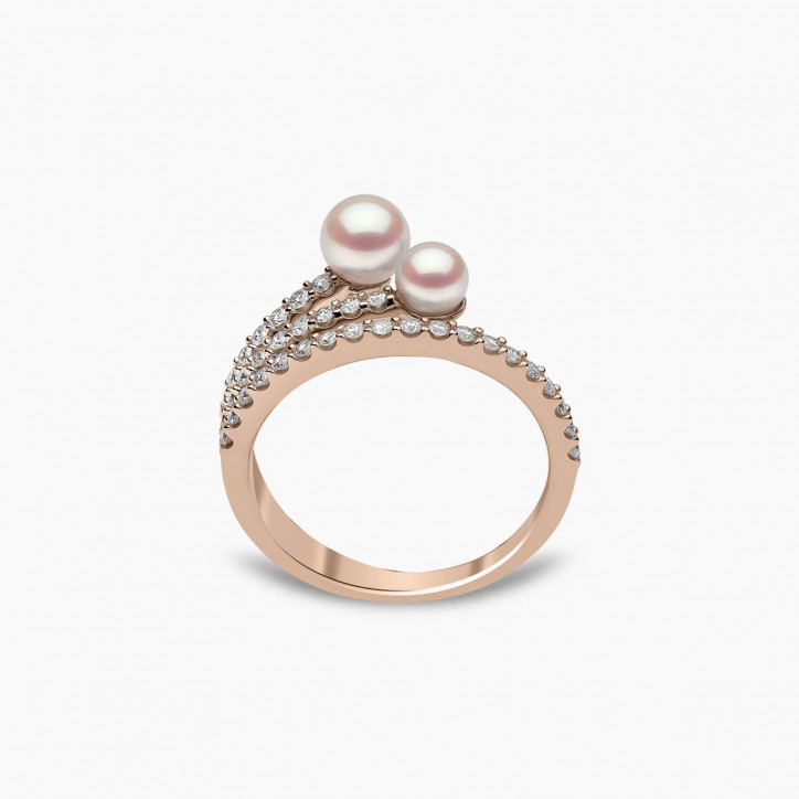 Sleek 18K Gold Double Pearl and Diamond Motif Ring