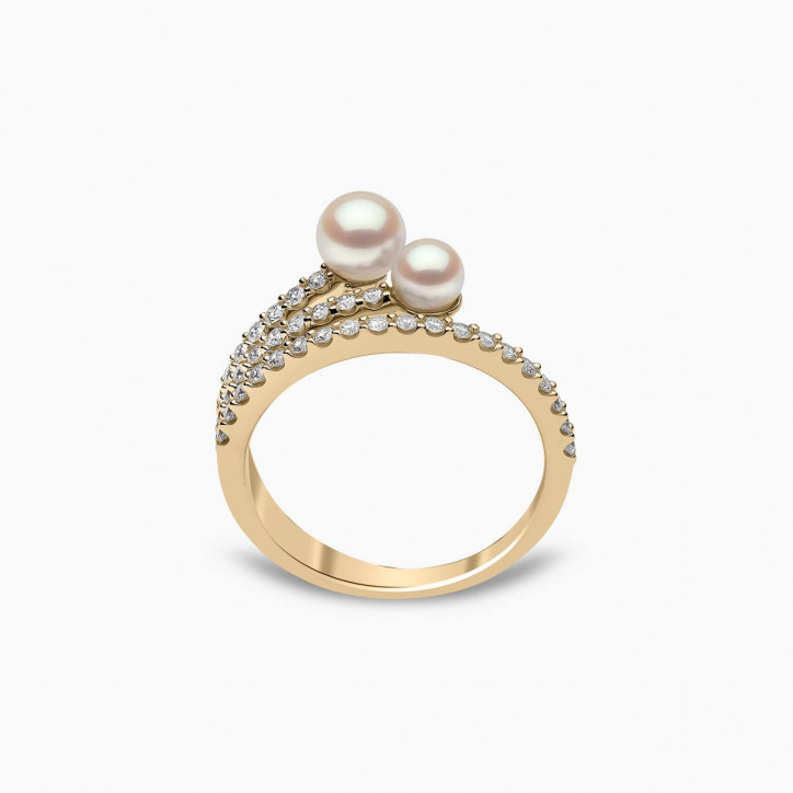 Sleek 18K Gold Double Pearl and Diamond Motif Ring