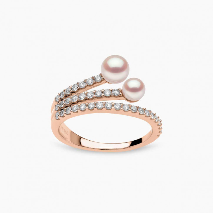 Sleek 18K Gold Double Pearl and Diamond Motif Ring