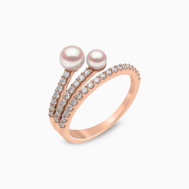 Sleek 18K Gold Double Pearl and Diamond Motif Ring