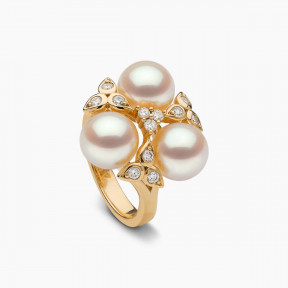 Raindrop 18K Gold Triple Akoya Pearl and Diamond Ring