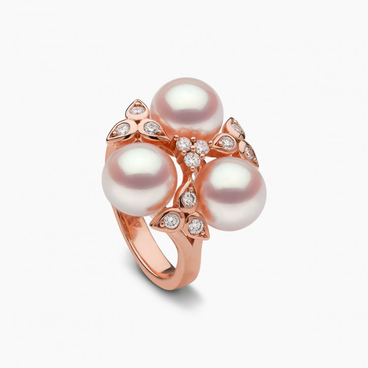 Raindrop 18K Gold Triple Akoya Pearl and Diamond Ring