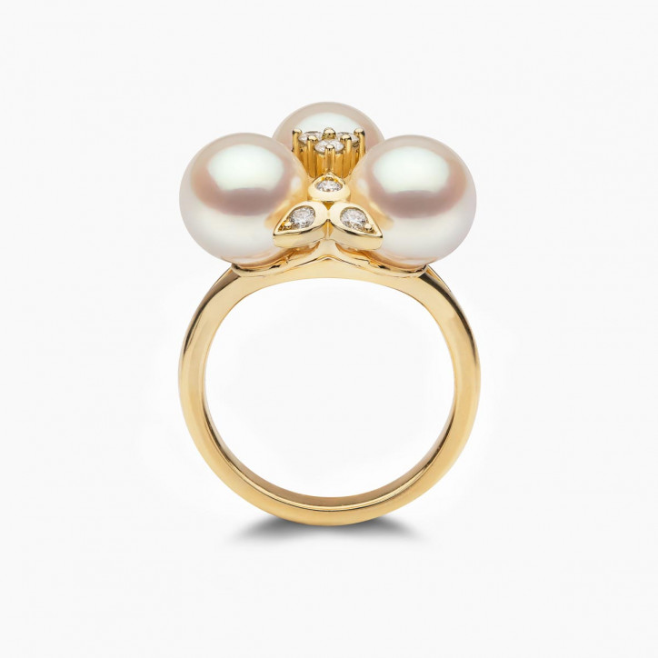 Raindrop 18K Gold Triple Akoya Pearl and Diamond Ring