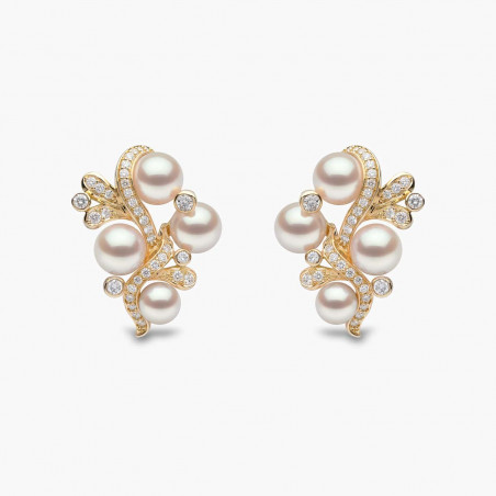 Raindrop 18K Gold Akoya Pearl and Diamond Ripple Earrings