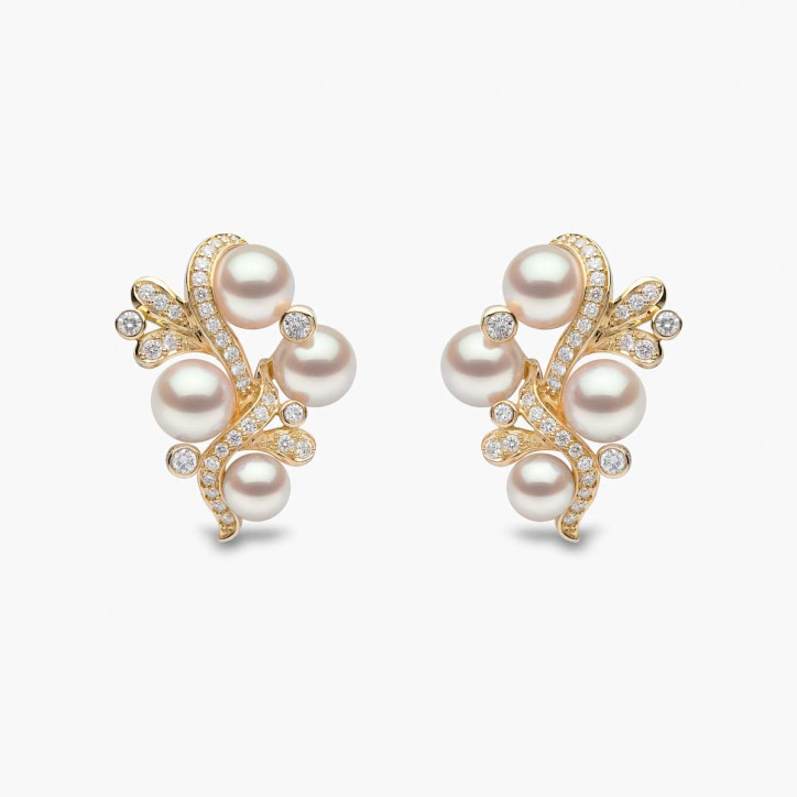 Raindrop 18K Gold Akoya Pearl and Diamond Ripple Earrings